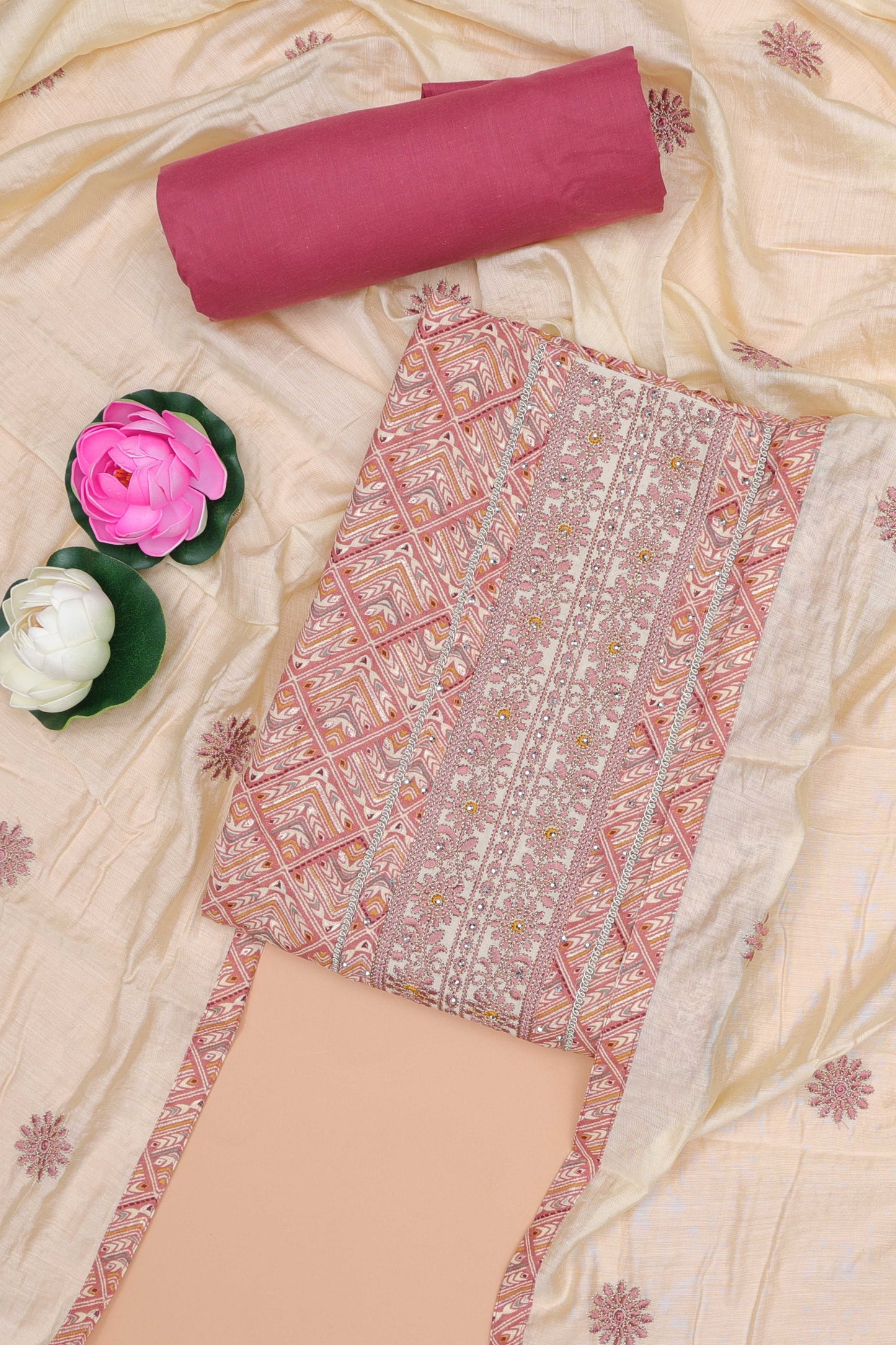 Pink cotton geomentrical embroidered chudidhar material with contrast bottom and dupatta