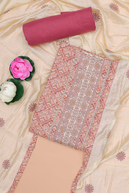 Pink cotton geomentrical embroidered chudidhar material with contrast bottom and dupatta