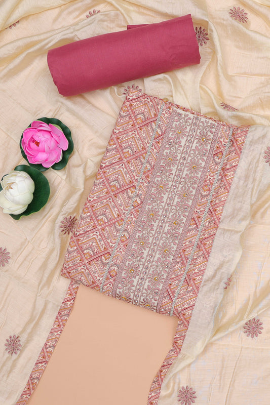 Pink cotton geomentrical embroidered chudidhar material with contrast bottom and dupatta
