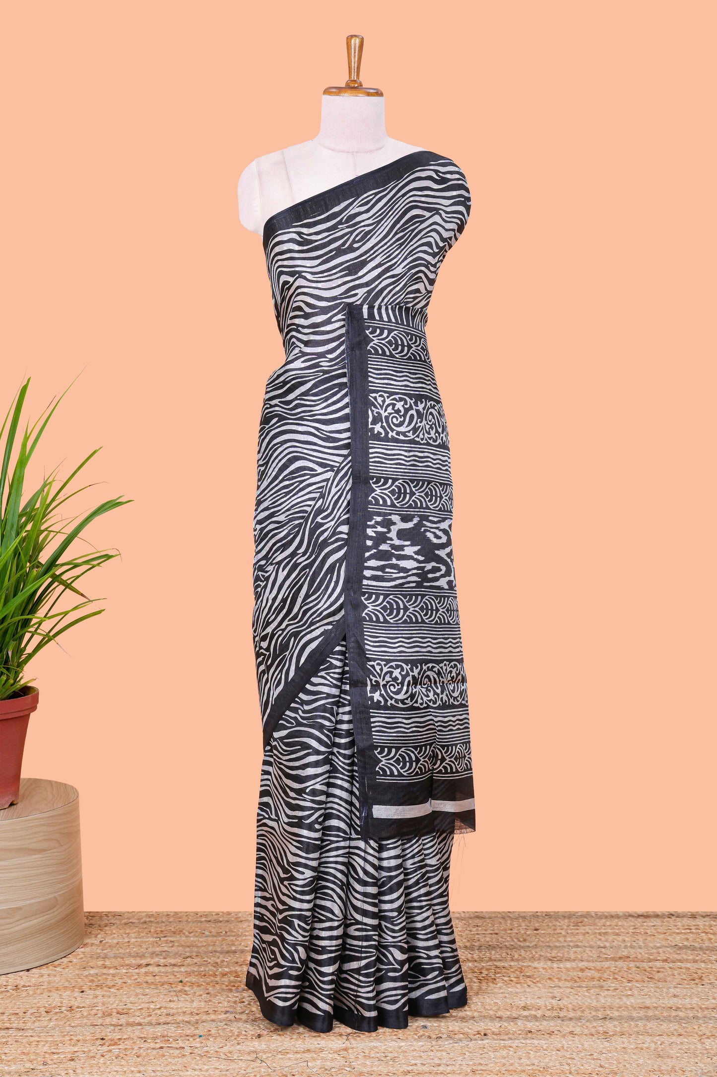 Grey south cotton saree with zebra stripe design and contrast border