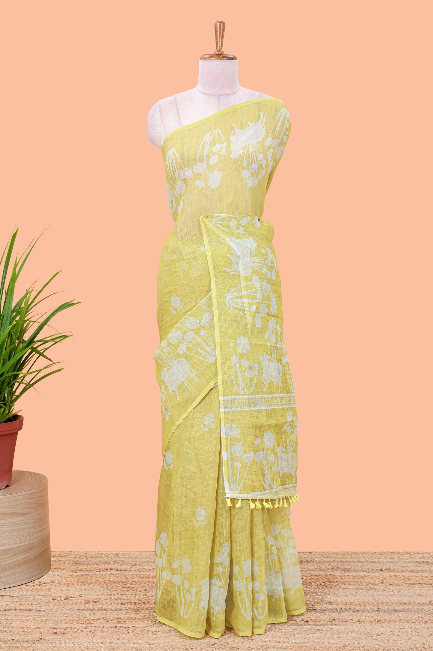 Lemon yellow Linen Cotton Body Flower Print With Border Pichwai and Lotus Flower Print and Printed Blouse