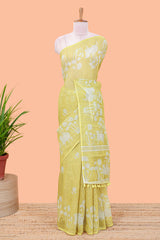 Lemon yellow Linen Cotton Body Flower Print With Border Pichwai and Lotus Flower Print and Printed Blouse