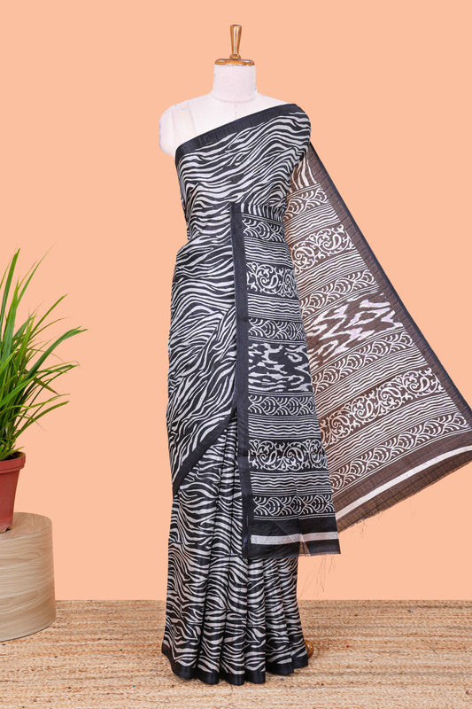 Grey south cotton saree with zebra stripe design and contrast border