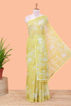 Lemon yellow Linen Cotton Body Flower Print With Border Pichwai and Lotus Flower Print and Printed Blouse