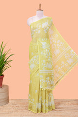 Lemon yellow Linen Cotton Body Flower Print With Border Pichwai and Lotus Flower Print and Printed Blouse
