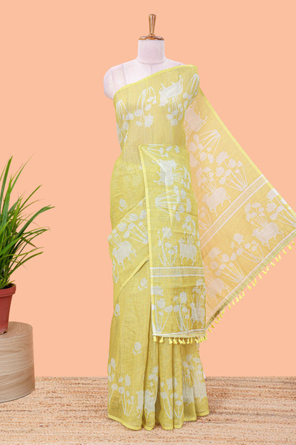 Lemon yellow Linen Cotton Body Flower Print With Border Pichwai and Lotus Flower Print and Printed Blouse