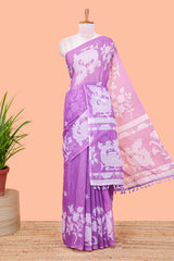 Lavender linen cotton floral and birds print saree with self border and matching printed blouse