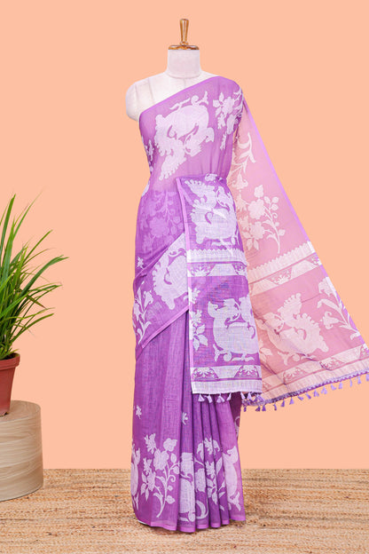 Lavender linen cotton floral and birds print saree with self border and matching printed blouse