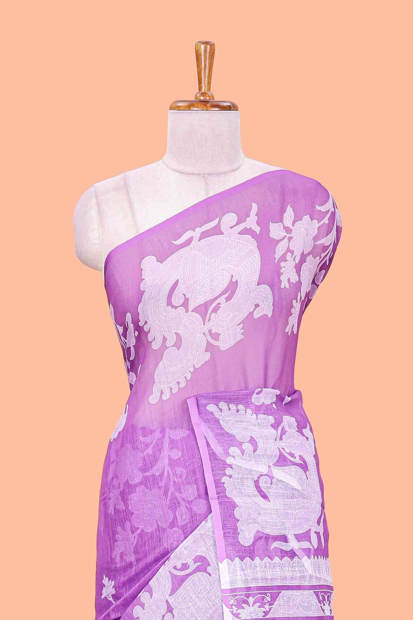 Lavender linen cotton floral and birds print saree with self border and matching printed blouse