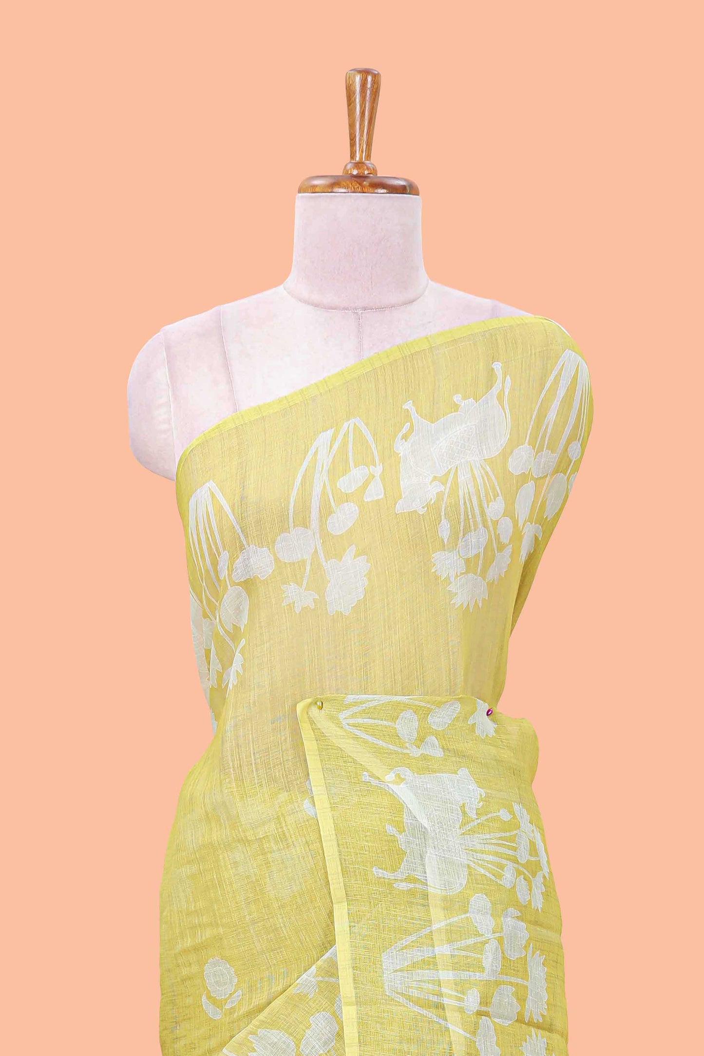 Lemon yellow Linen Cotton Body Flower Print With Border Pichwai and Lotus Flower Print and Printed Blouse