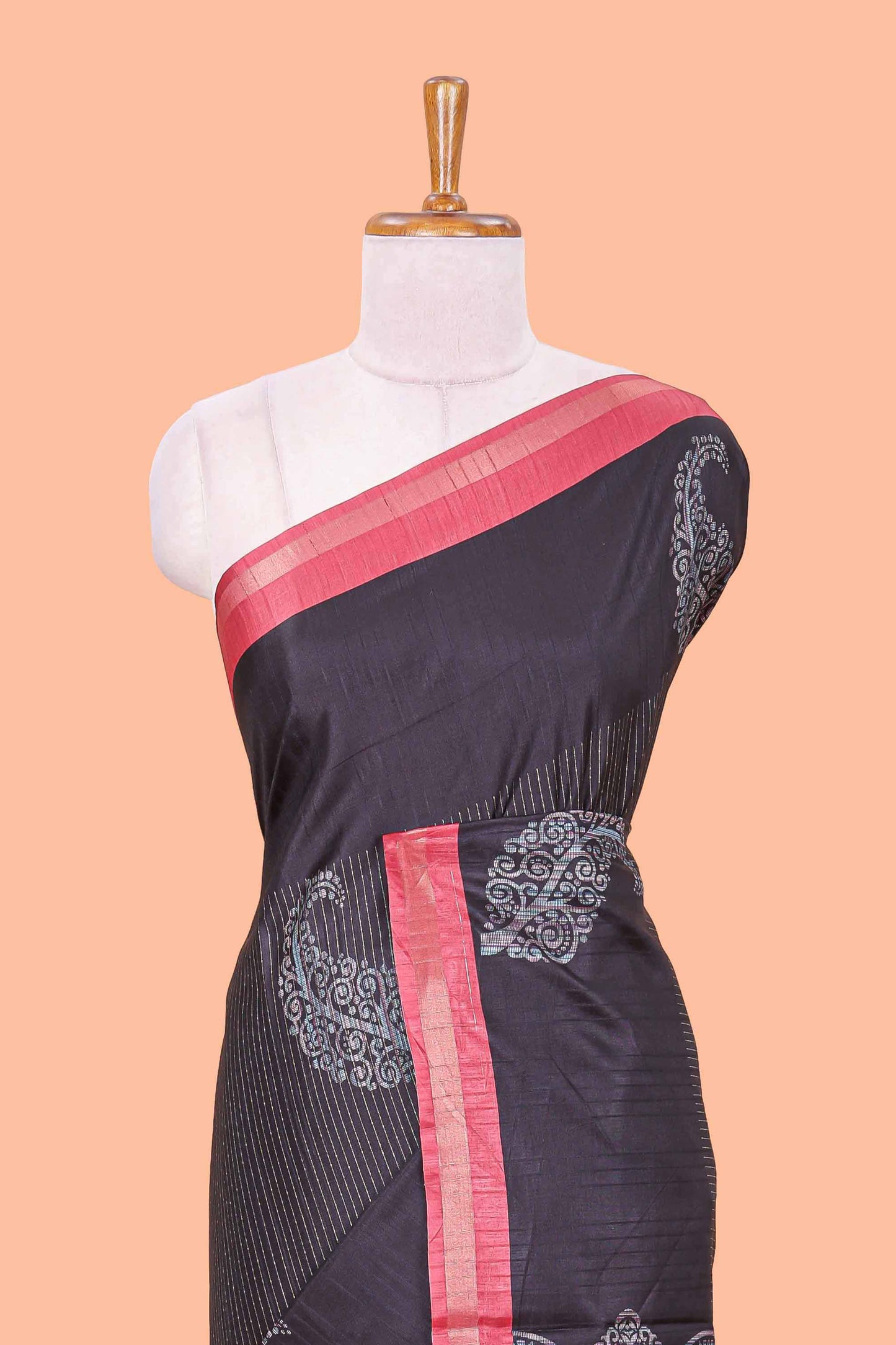 Black striped floral butta art tussar saree with contrast zari border and matching pallu