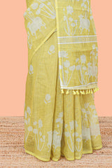 Lemon yellow Linen Cotton Body Flower Print With Border Pichwai and Lotus Flower Print and Printed Blouse