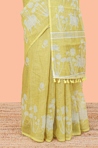 Lemon yellow Linen Cotton Body Flower Print With Border Pichwai and Lotus Flower Print and Printed Blouse