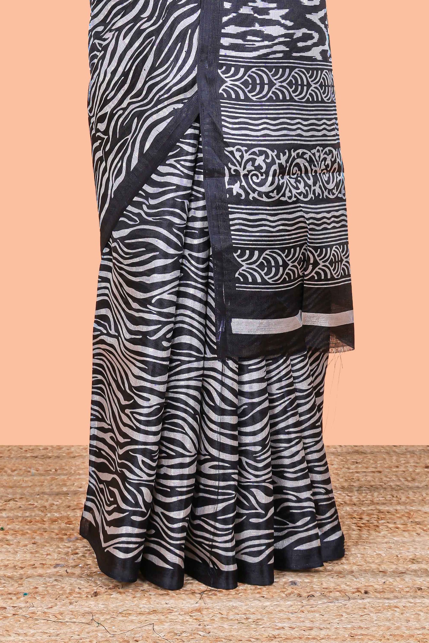 Grey south cotton saree with zebra stripe design and contrast border