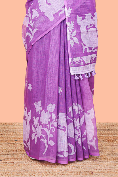 Lavender linen cotton floral and birds print saree with self border and matching printed blouse
