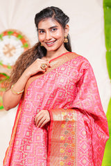 Pink geometric design kota cotton saree with contrast border and printed pallu