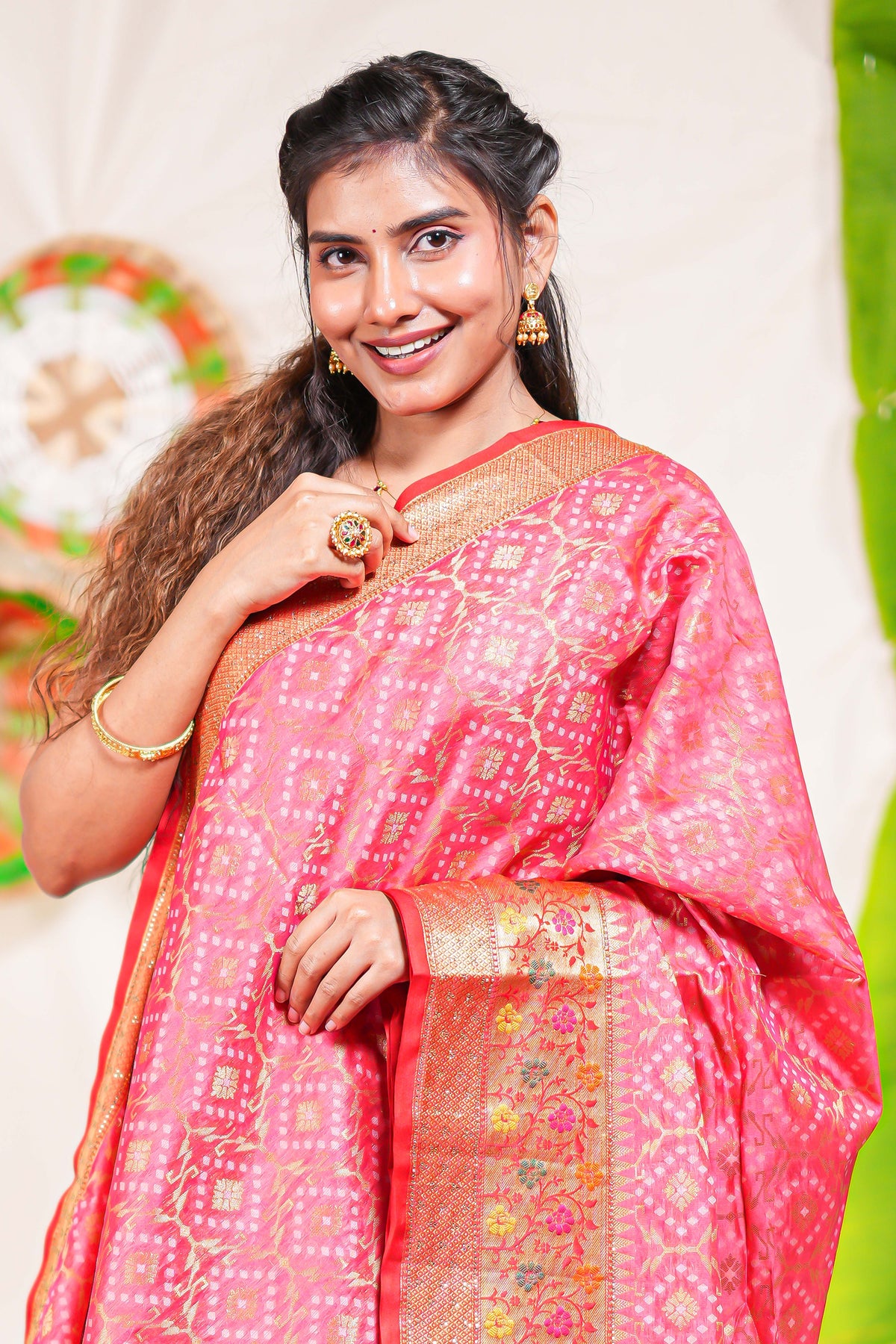 Pink geometric design kota cotton saree with contrast border and printed pallu