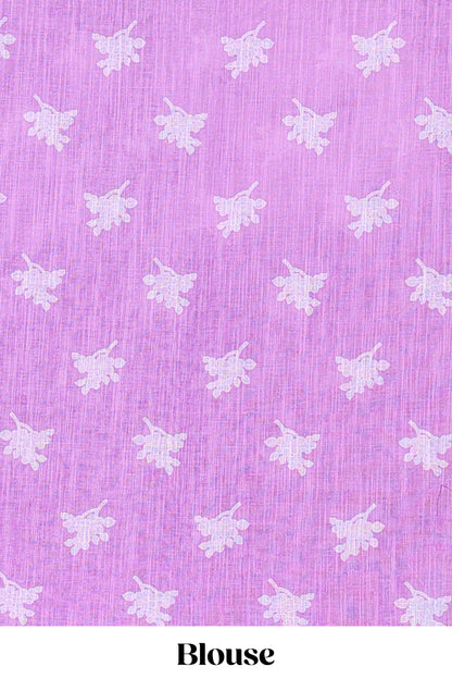 Lavender linen cotton floral and birds print saree with self border and matching printed blouse