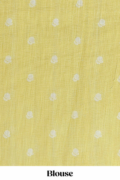 Lemon yellow Linen Cotton Body Flower Print With Border Pichwai and Lotus Flower Print and Printed Blouse