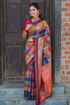 Multicolor checked floral motifs design kathan silk saree with contrast maroon border and zari motis blouse