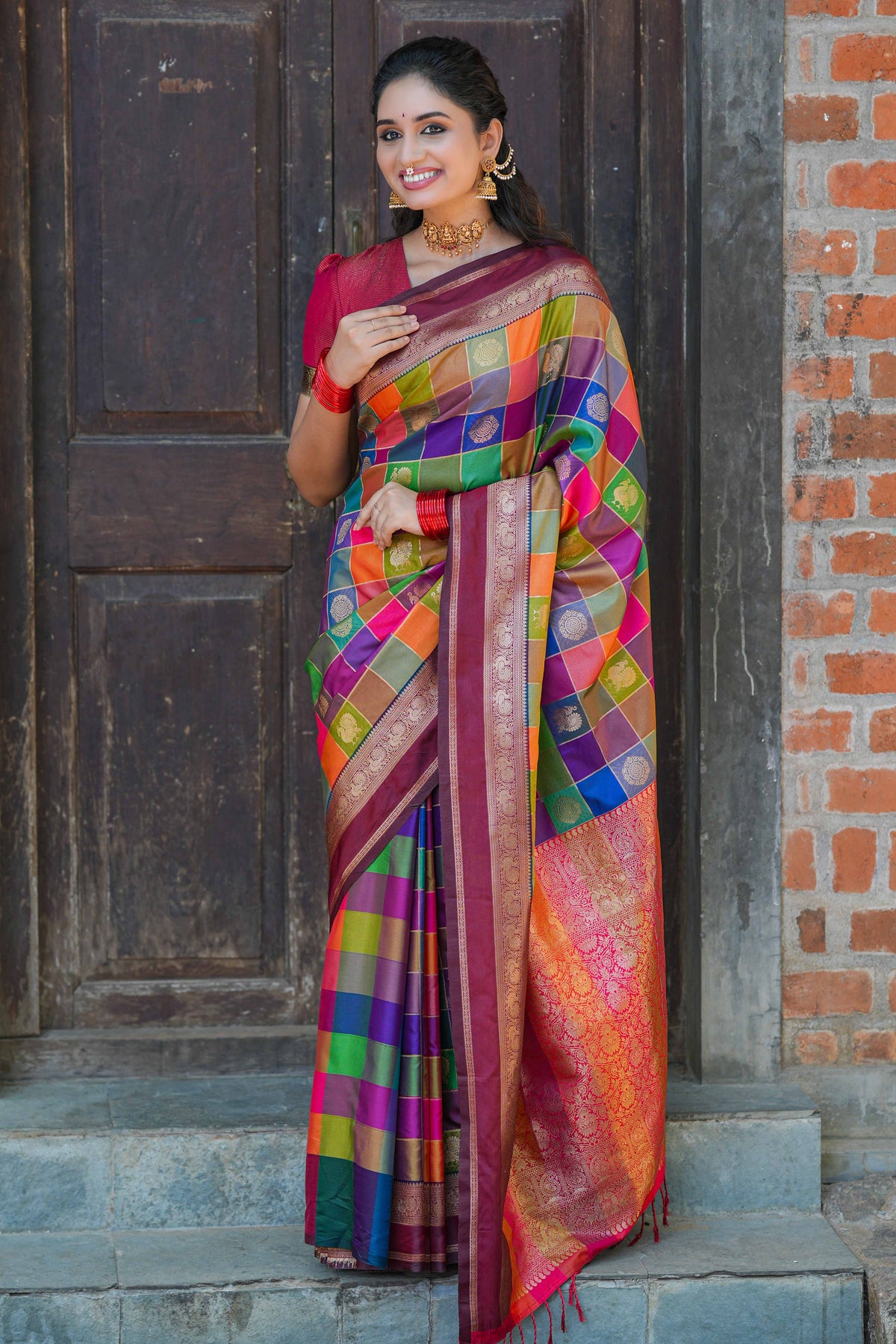 Multicolor checked floral motifs design kathan silk saree with contrast maroon border and zari motis blouse