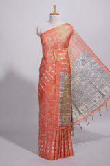 Orange warli printed semi tussar sareewith contrast warli printed pallu and matching blouse