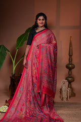 Pink mughal style foil print georgette saree with self border and matching floral printed blouse