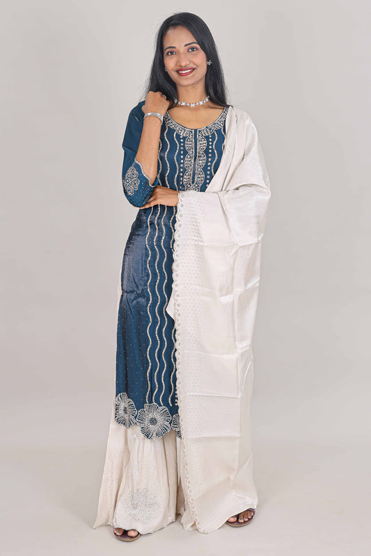 Midnight blue striped stone work embroidered sharara set with 3/4 sleeves, U-neck contrast bottom and dupatta