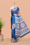 Blue color satin ajrakh modal printed saree with plain border and kalamkari print pallu
