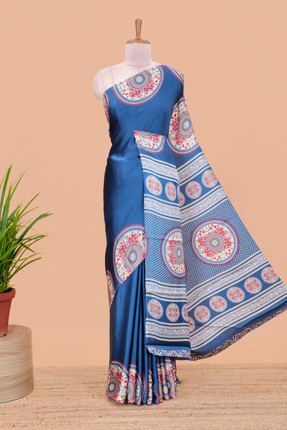 Blue color satin ajrakh modal printed saree with plain border and kalamkari print pallu