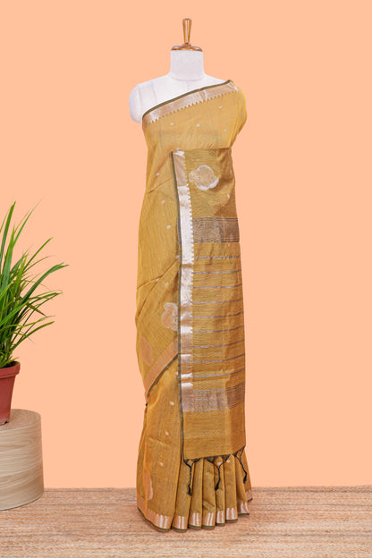 Mustard mushru silk saree with zari butta, self zari border and striped pallu
