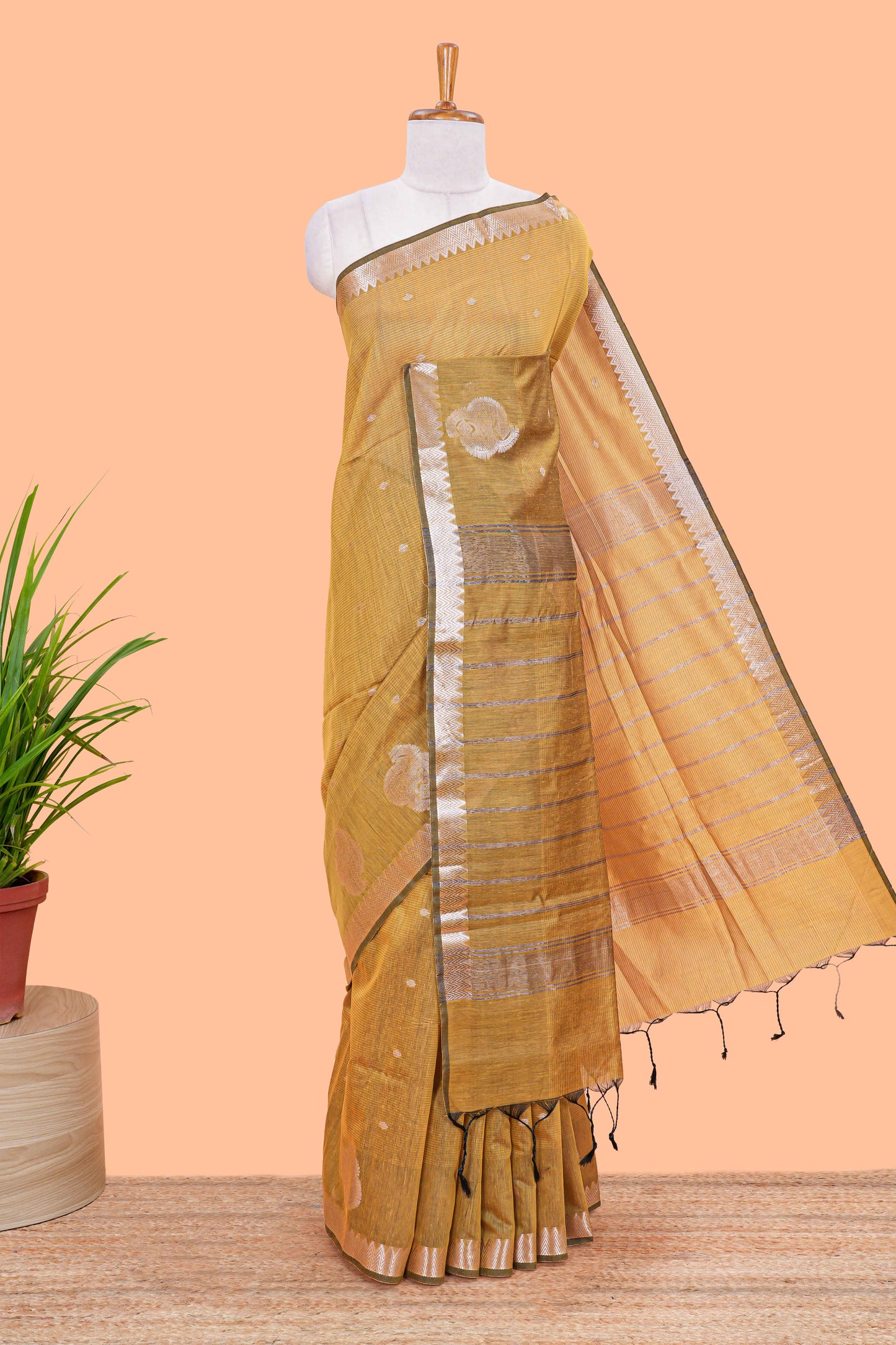 Mustard mushru silk saree with zari butta, self zari border and striped pallu