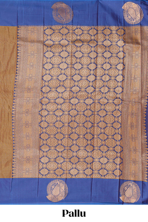 Mustard brown checked zari motifs design art silk saree with contrast border and blouse