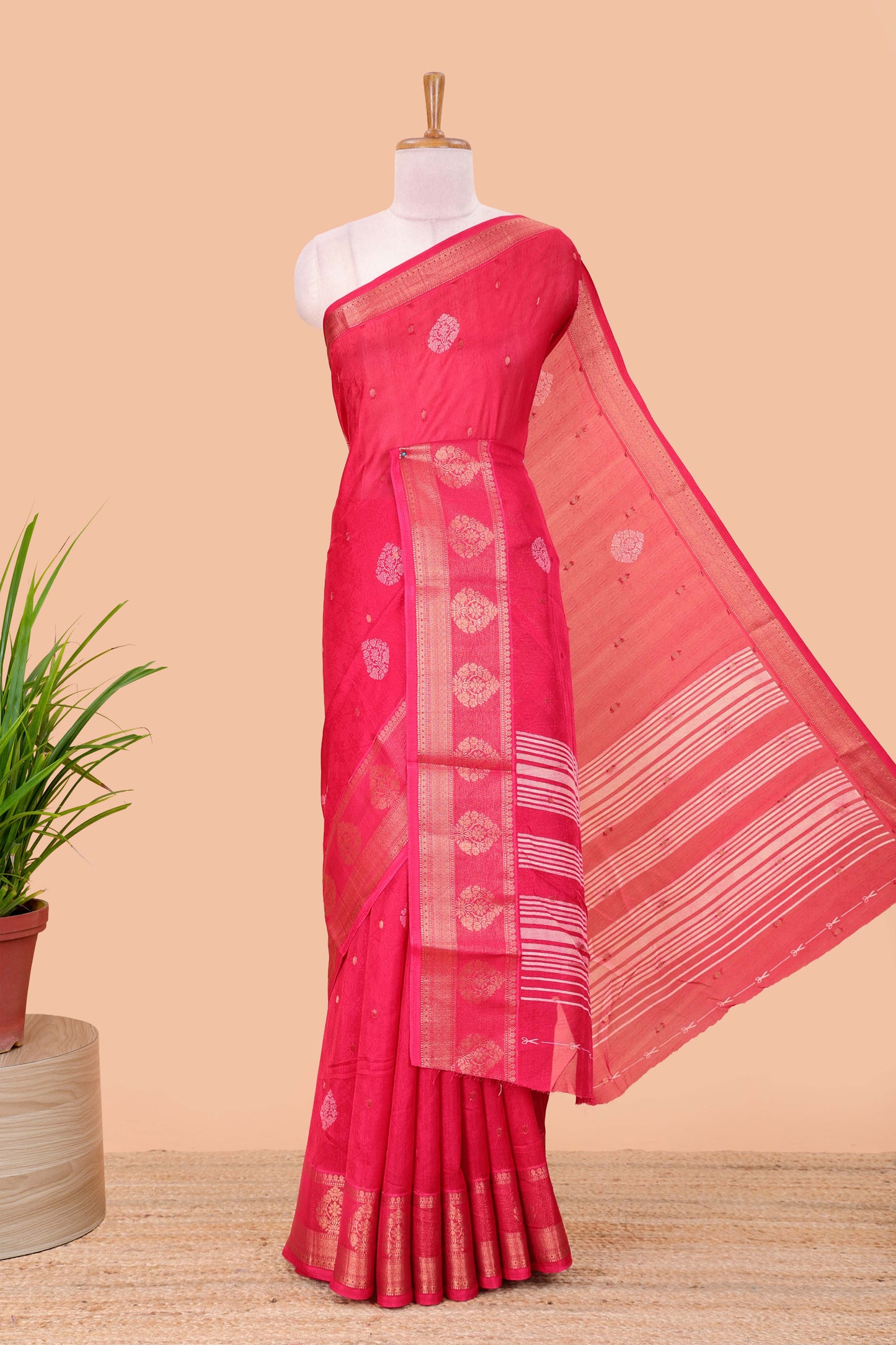 Red viscose dola silk self jacquard saree with print and zari butta, bentex zari border