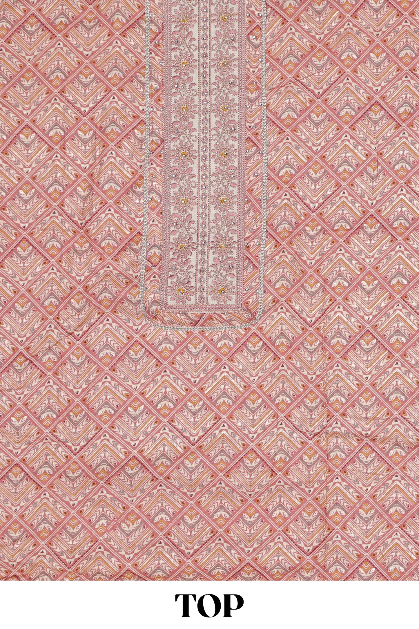 Pink cotton geomentrical embroidered chudidhar material with contrast bottom and dupatta