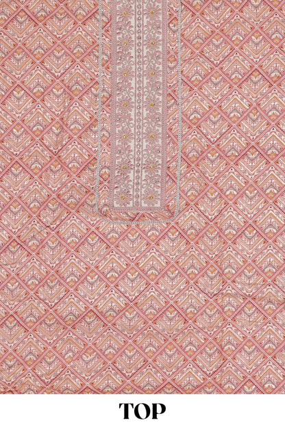 Pink cotton geomentrical embroidered chudidhar material with contrast bottom and dupatta
