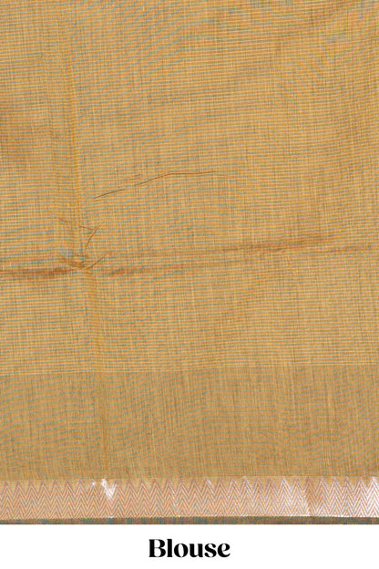 Mustard mushru silk saree with zari butta, self zari border and striped pallu