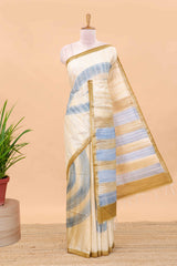 Sandal thread work stripes chikankari cotton saree with pallu and blouse