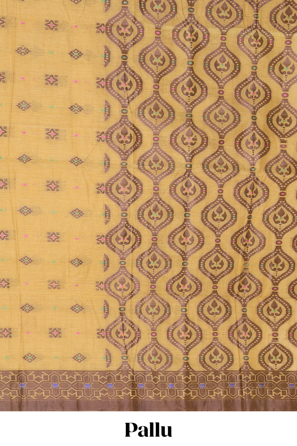 Sandal geometric pattern small butta bengal cotton saree with contrast border and matching pallu