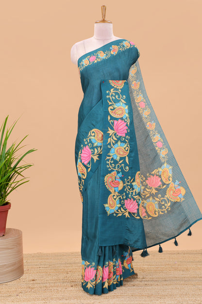 Peacock green tanjore painting style linen tussar saree with peacock & lotus motifs and printed pallu