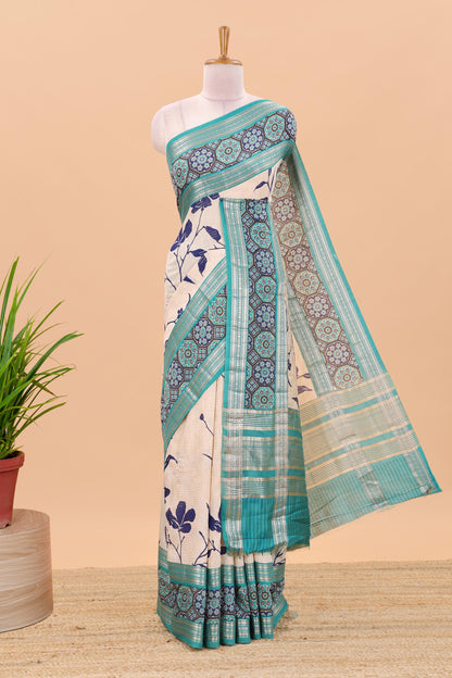 Sandal floral print chanderi cotton saree with contrast zari design border and stripes pallu