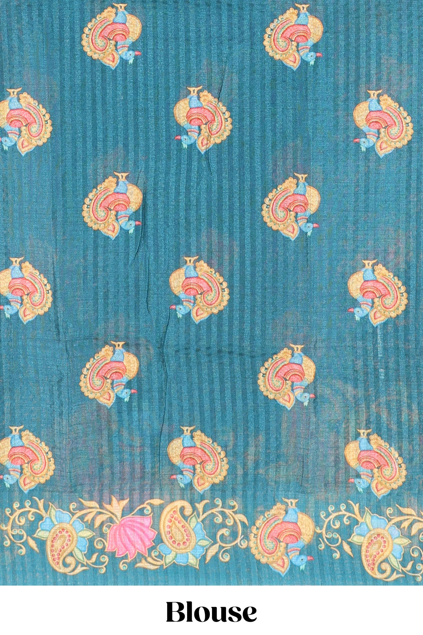 Peacock green tanjore painting style linen tussar saree with peacock & lotus motifs and printed pallu