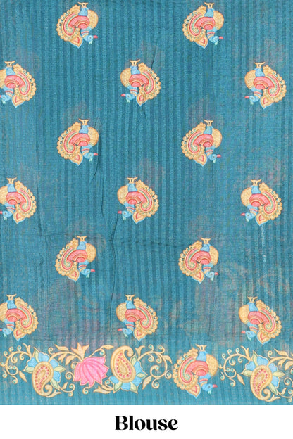 Peacock green tanjore painting style linen tussar saree with peacock & lotus motifs and printed pallu