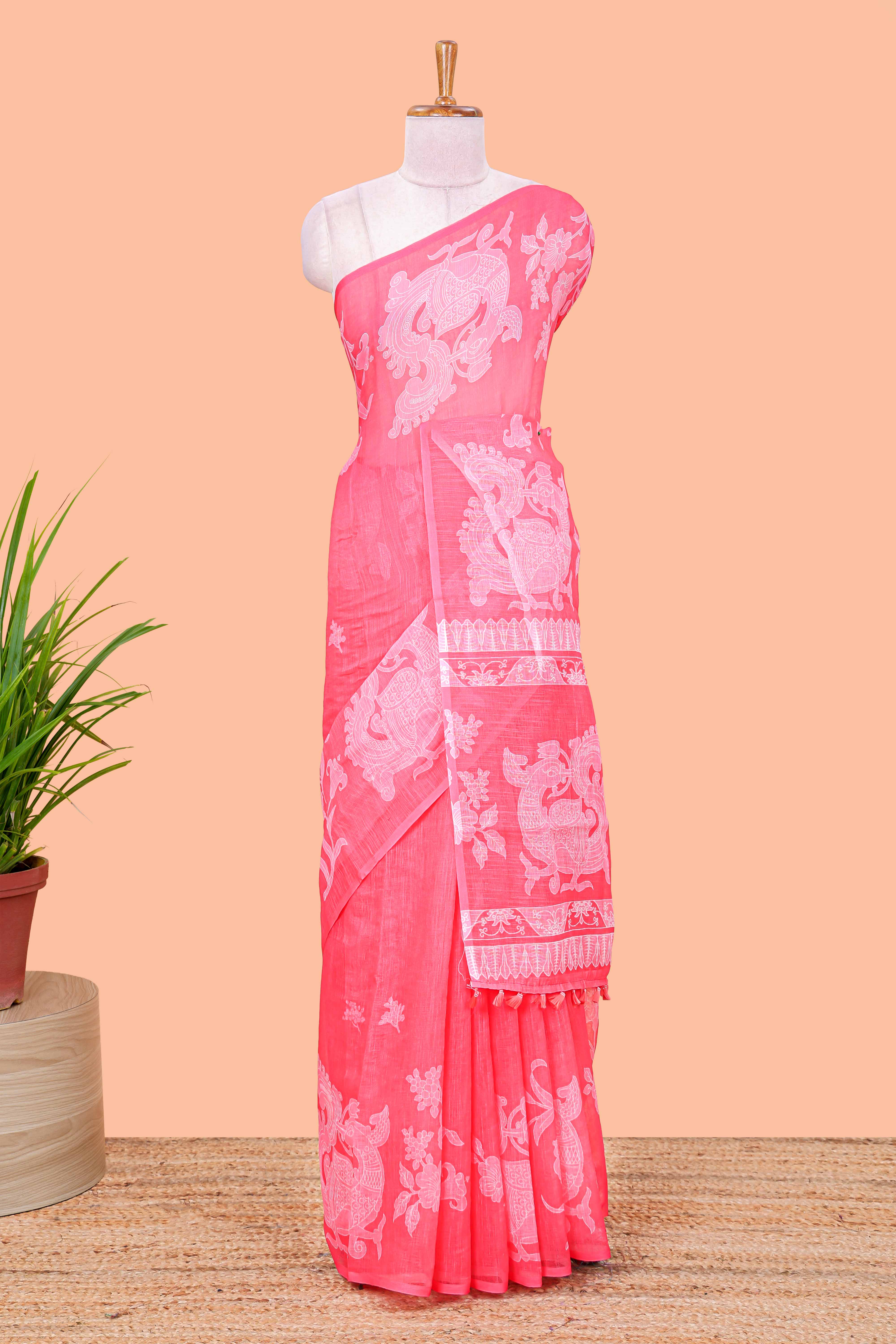 Red linen cotton floral and birds print saree with self border and matching printed blouse