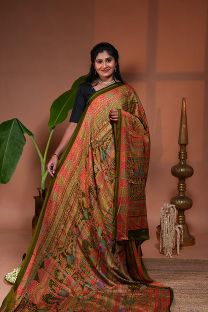 Olive green mughal style foil print georgette saree with self border and matching floral printed blouse