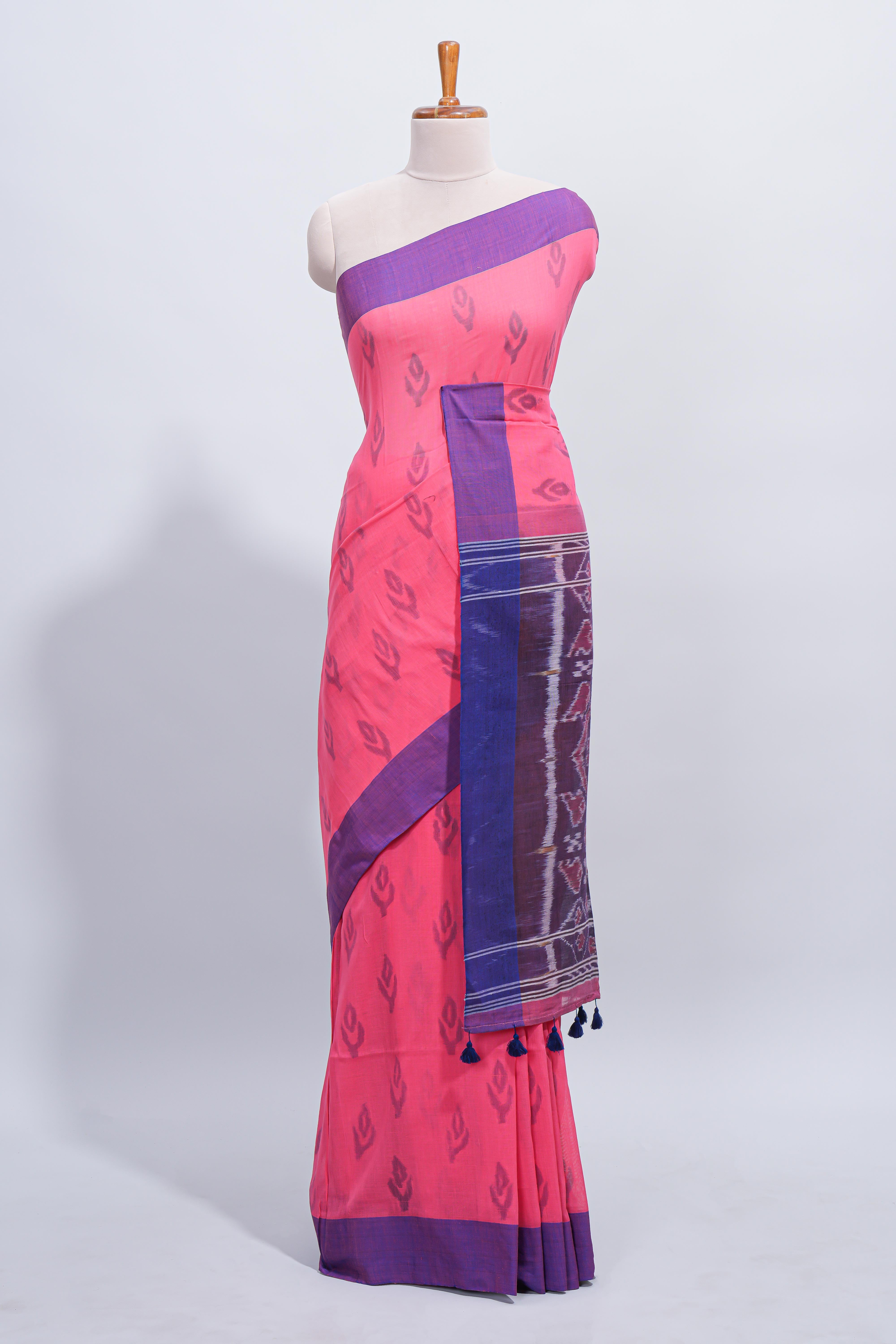 Pink ikkat style butta south cotton saree with contrast border and matching printed blouse