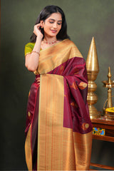 Maroon Semi Soft Silk Saree with elegant gold zari butta motifs gold zari woven Border with Contrast Blouse