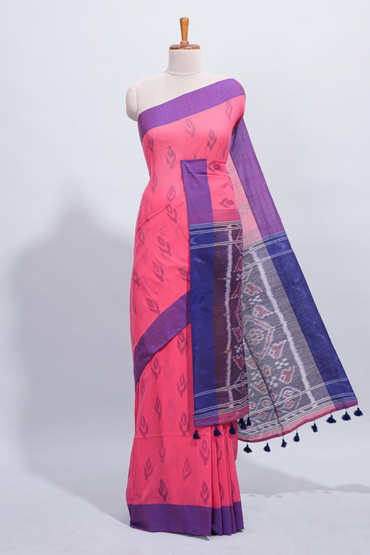 Pink ikkat style butta south cotton saree with contrast border and matching printed blouse