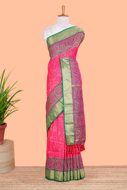 Pink ikkat style art silk saree with contrast border and printed pallu