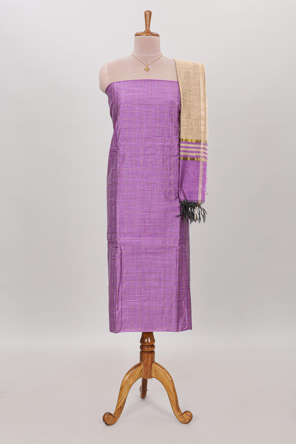 Lavender checked chudidhar material with matching solid pant and striped dupatta